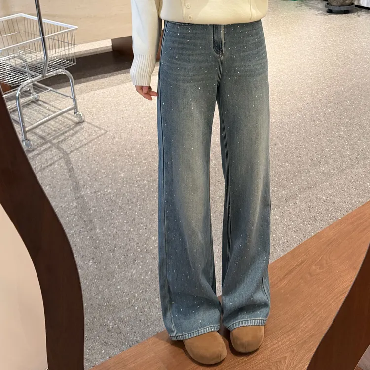 宿慕SUMU冬季时尚加绒闪闪钻牛仔裤12-26显瘦百搭直筒微喇裤35129