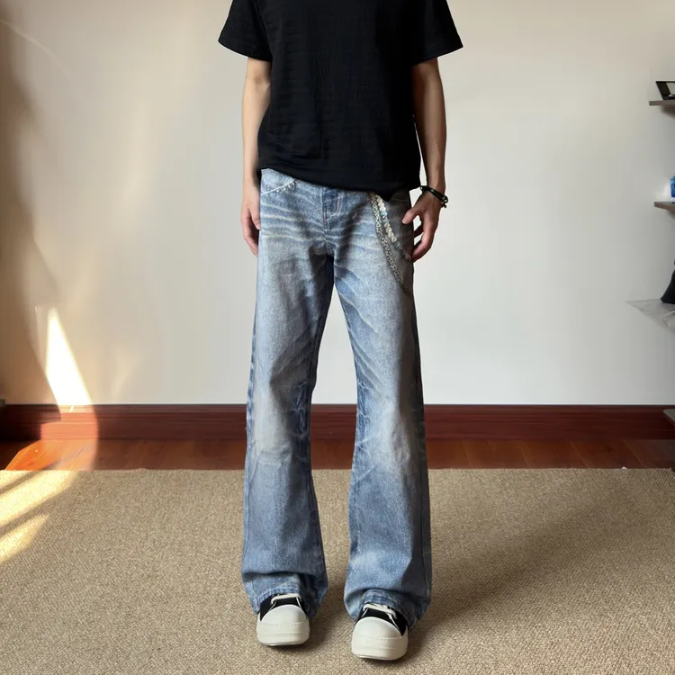 布老哥Blog美式复古3D裤链印花牛仔裤宽松水洗微喇直筒长裤K771