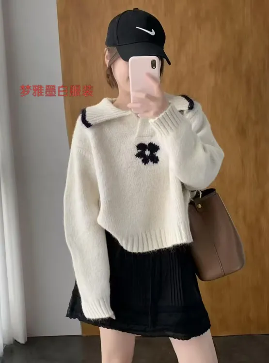 针织花朵翻领款秋冬秋季宽松不褪色娃娃领毛针织衫毛衣上衣百搭