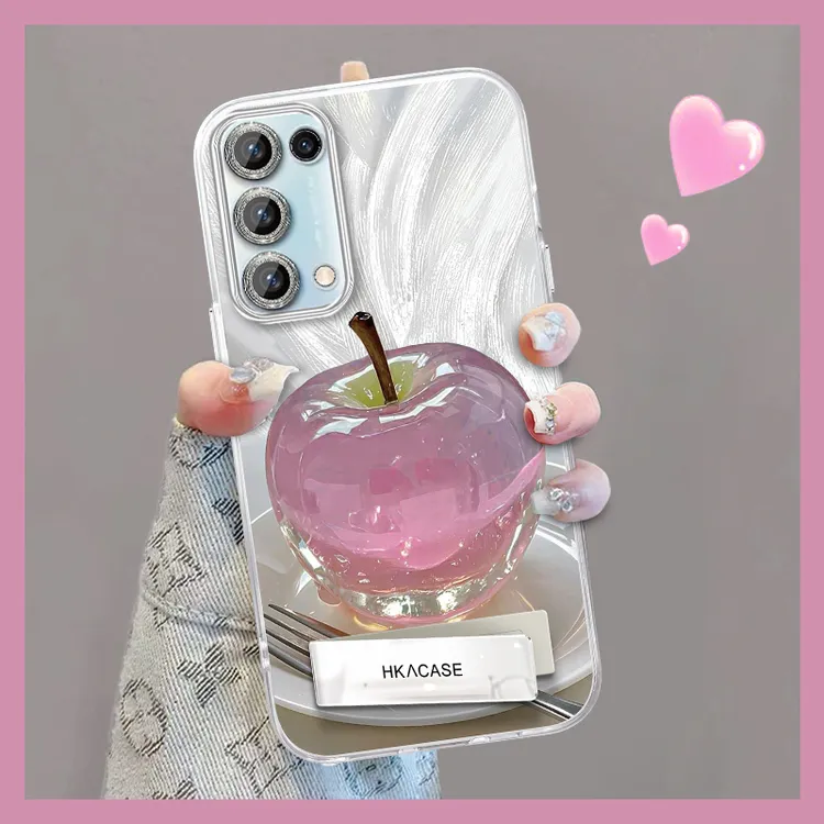 适用opporeno5pro精孔羽纱晶莹粉苹果网红创意支架全包手机壳女款