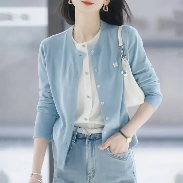 早秋女针织开衫外套慵懒高级感外穿毛衣时尚洋气减龄假两件上衣