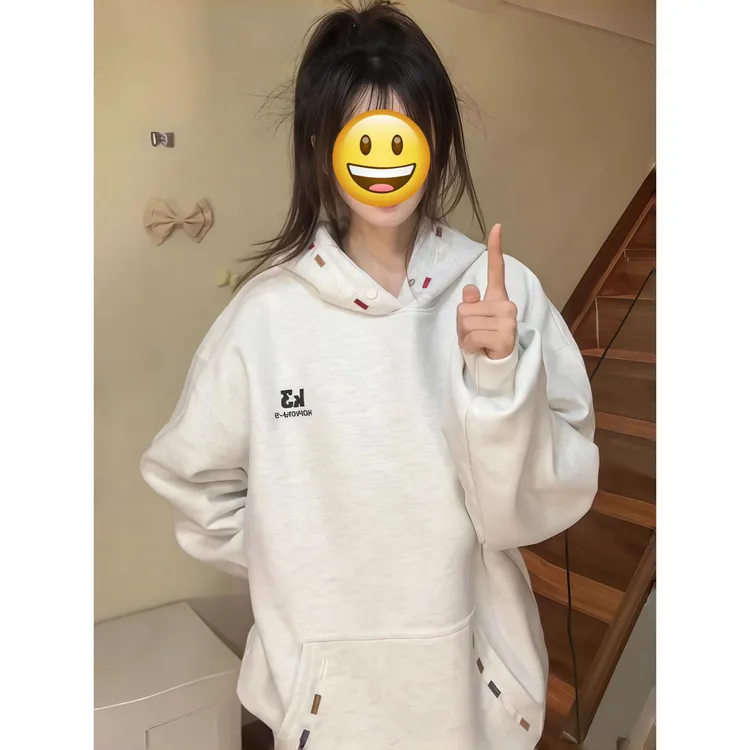 美式重磅彩虹刺绣花灰色连帽卫衣男女秋冬加绒加厚美式慵懒风外套