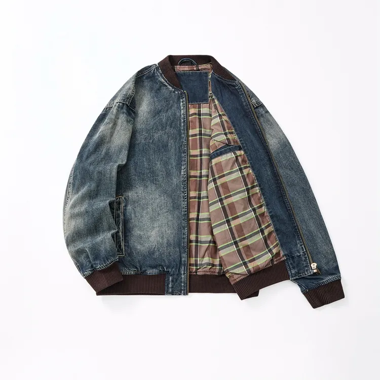 新款牛仔夹克男士男款罗纹棒球夹克服高端怀旧水洗格子内衬潮流男