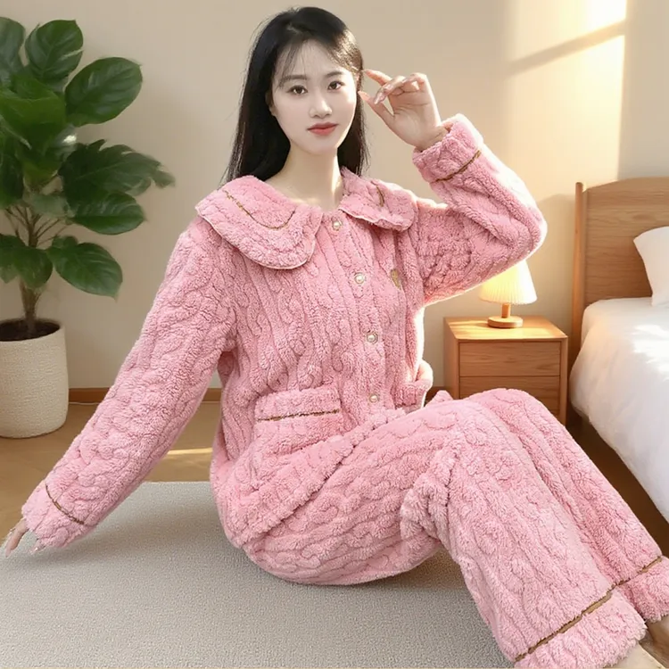 睡衣女法兰绒秋冬季2025新款加厚翻领开衫外穿冬天家居服套装Y91
