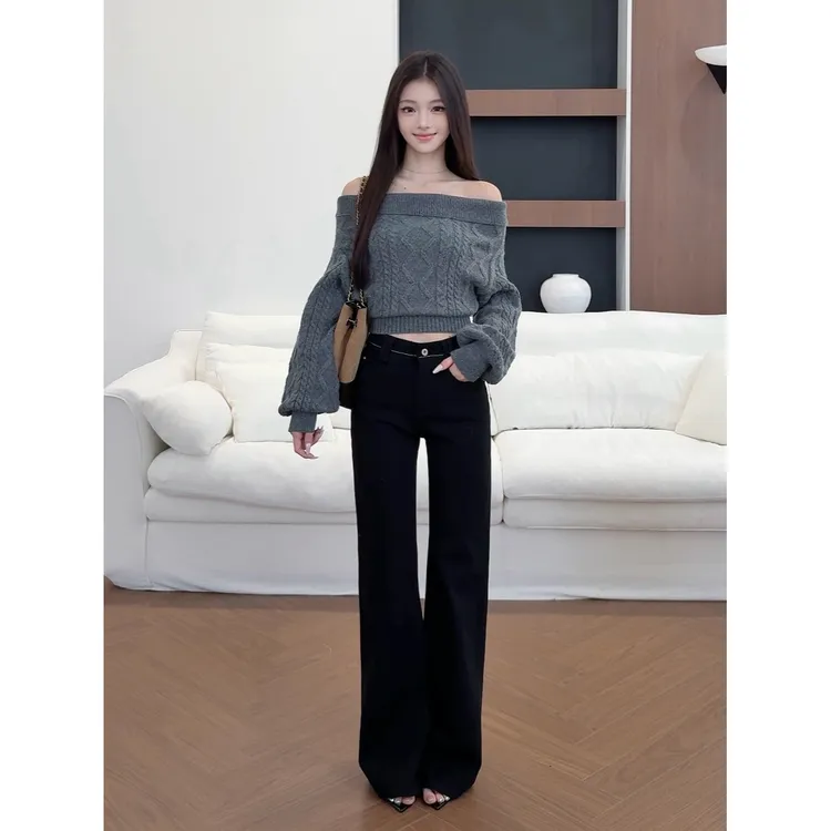 小兔泡花茶【线条美学】原创设计秋冬新款四面弹窄板阔腿微喇牛仔裤