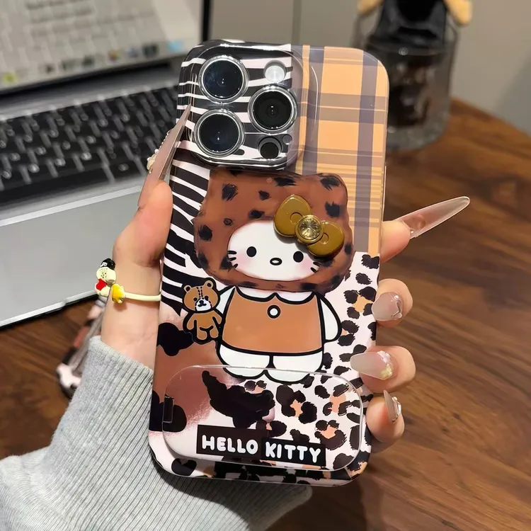 早秋咖棕豹纹KT支架适用苹果16手机壳iPhone15小米vivoppo华为p70