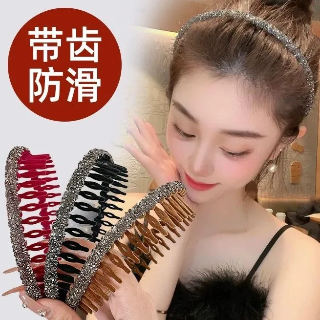 气质百搭带齿防滑头箍闪钻植绒发箍女网红洗脸压发发饰高级感发卡