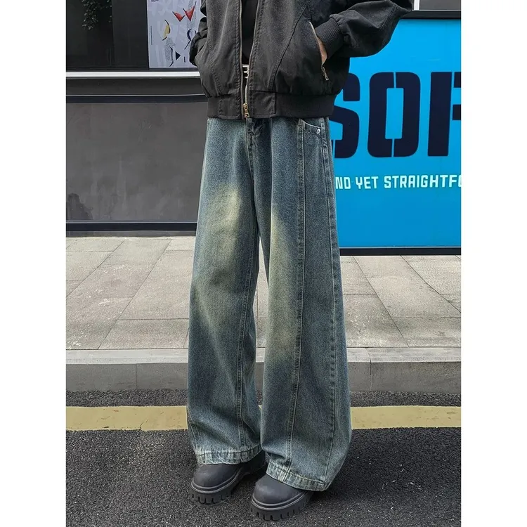 美式复古水洗做旧弯刀裤男女秋冬潮牌痞帅高街百搭宽松直筒牛仔裤