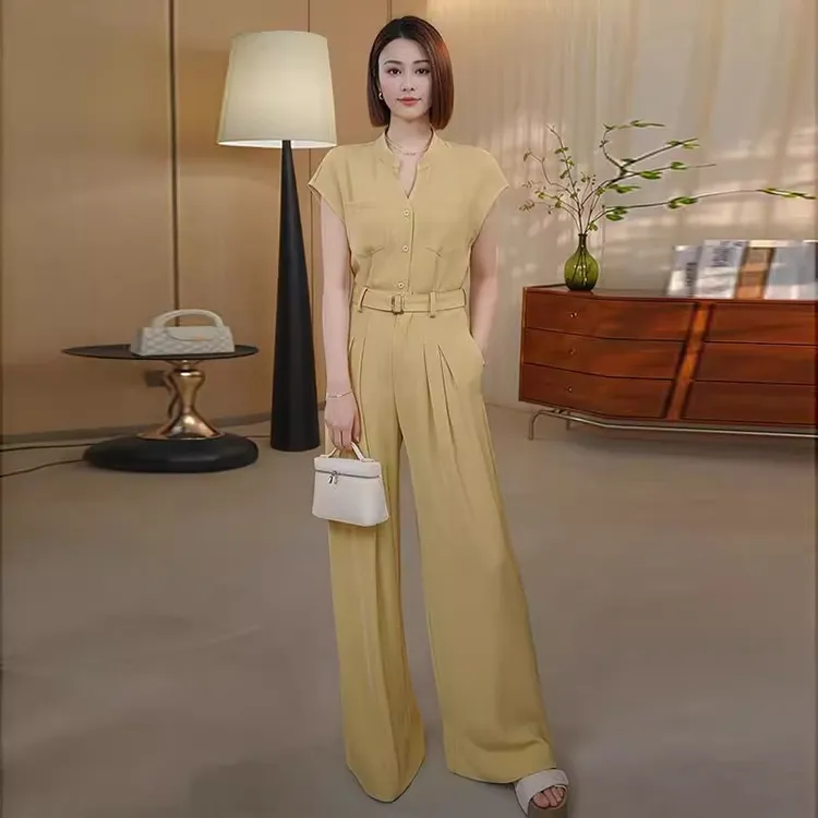 0933黄色轻奢套装女新款时尚气质显瘦上衣阔腿裤两件套