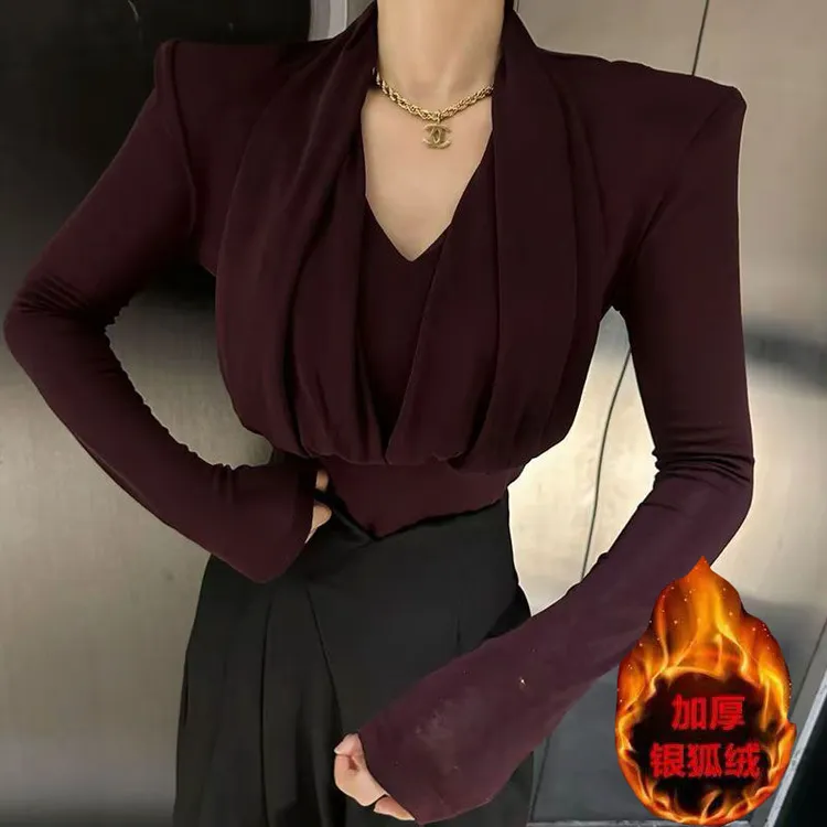 秋冬款加绒加厚修身保暖打底衫女挂脖设计感气质百搭V领长袖t恤女