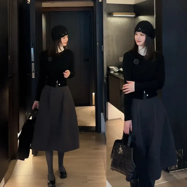 2025秋冬穿搭一整套女新款韩版气质百搭上衣高腰半身裙两件套
