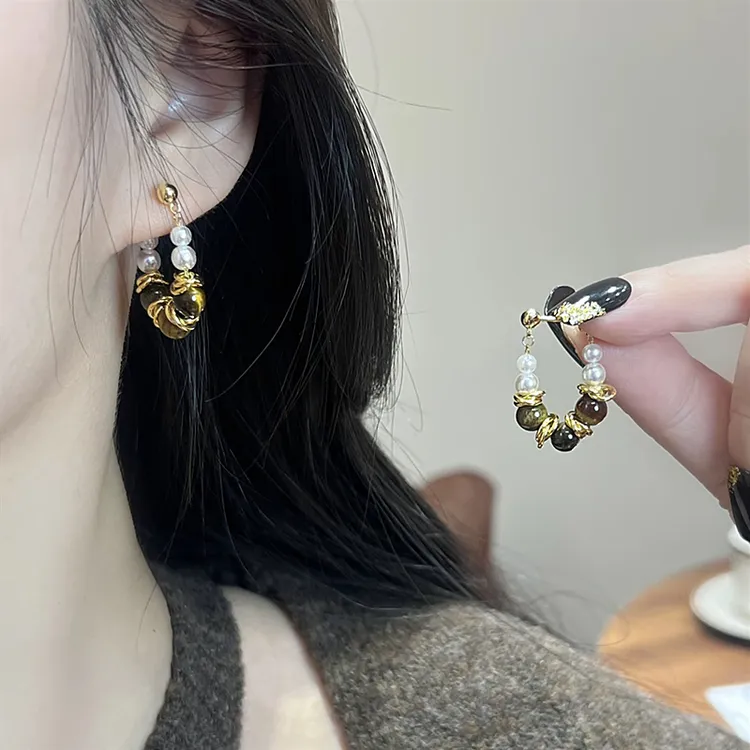 铜合金耳饰 早秋美拉德拼接链条串珠耳环女复古轻奢耳钉气质耳饰 