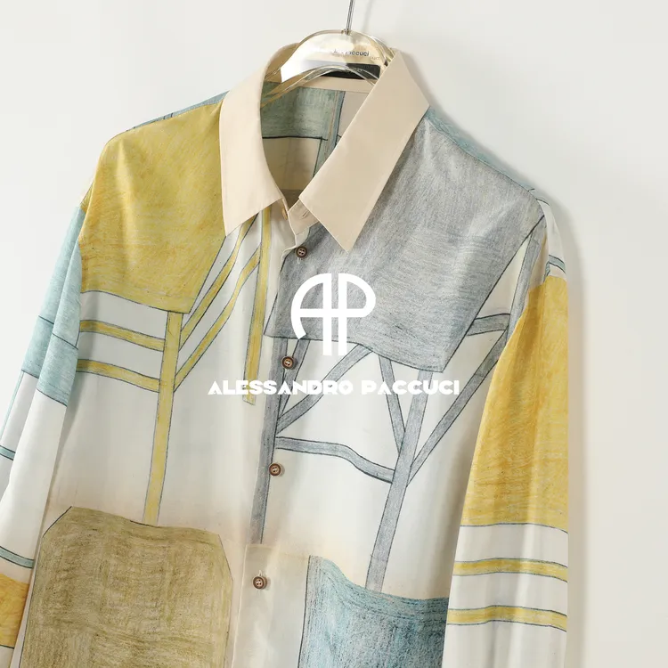 AP洛哥52061HC【慵懒夏日】黑标桑蚕丝电力纺印花翻领撞布时尚衬衫