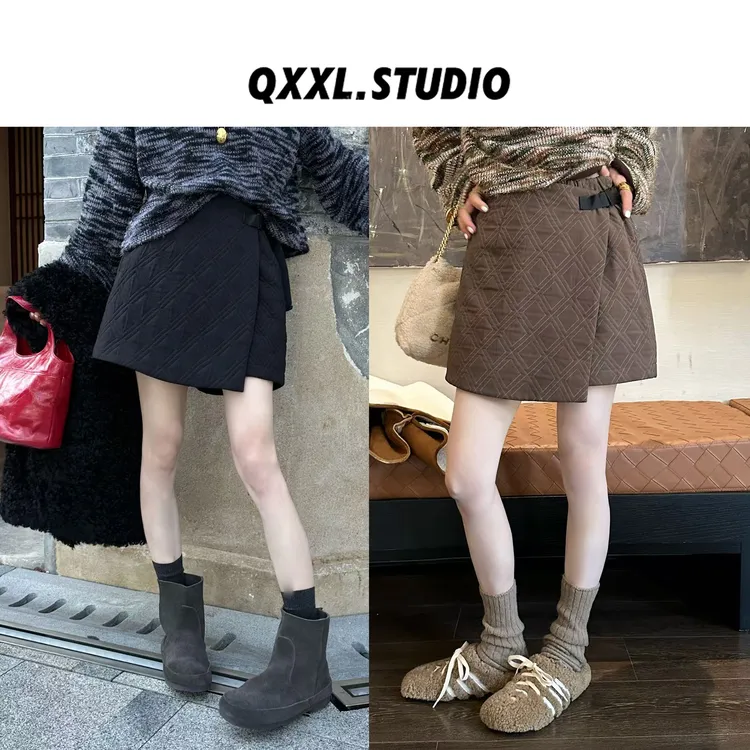 邱小小丽呀 秋冬新款加厚菱格裙裤女百搭高腰显瘦全松紧腰短裤
