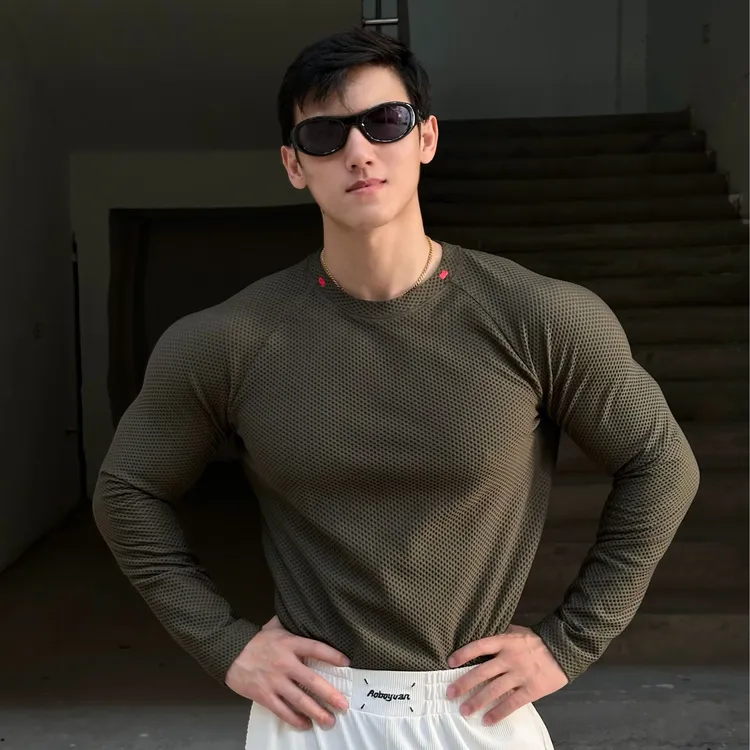 AOBOYUAN 无缝提花高弹泡泡布运动长袖插肩袖透气秋季T恤上衣圆领