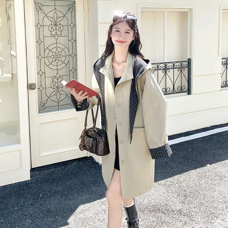 韩系卡其色风衣外套女2025秋季新款格子拼接脱卸帽中长款休闲上衣