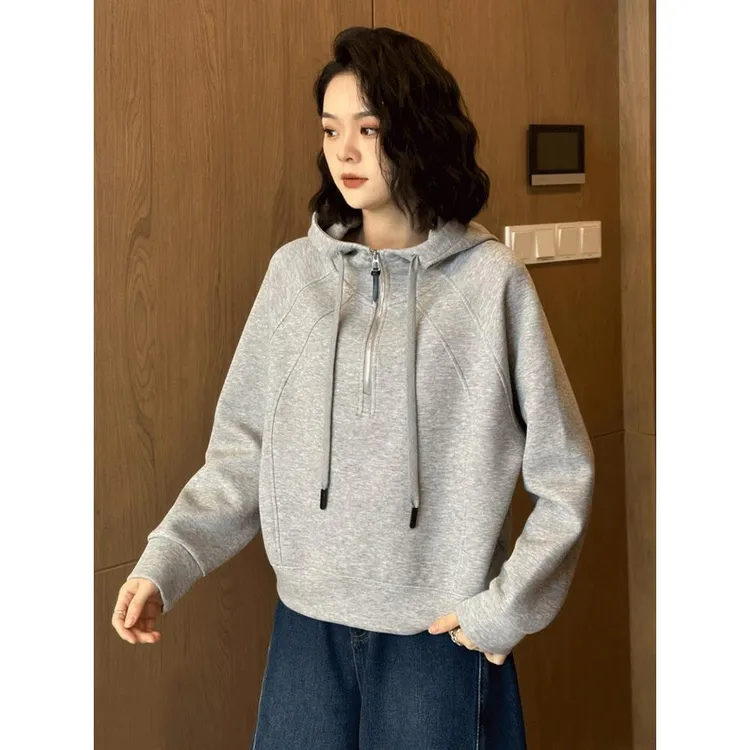 早秋女款灰色连帽卫衣女2025新款爆款春秋韩系慵懒风帽衫宽松上衣