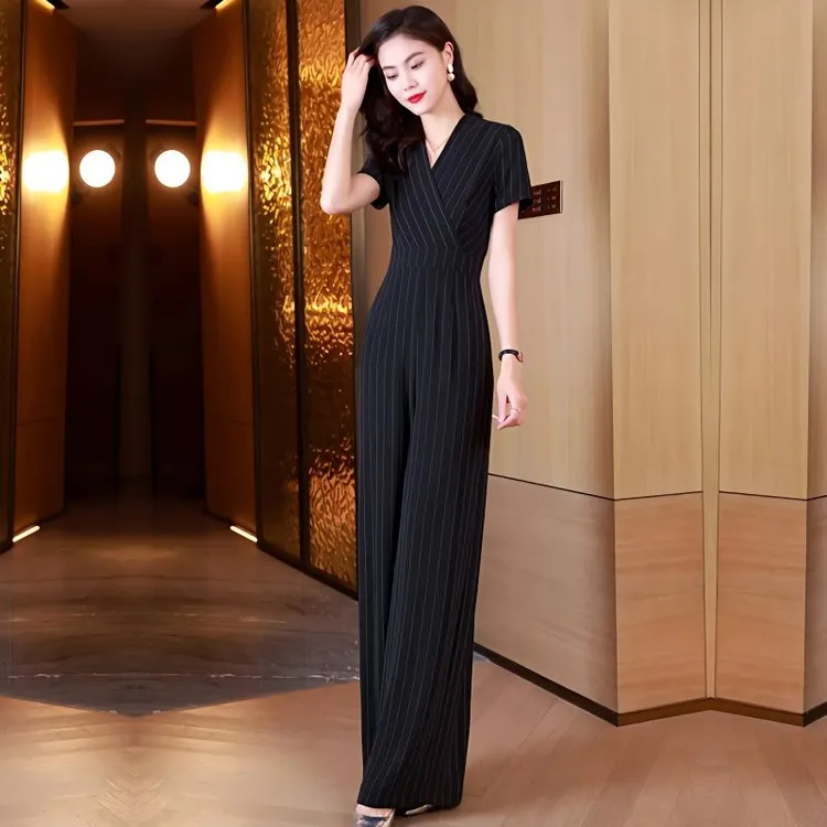 2025黑色职业装连体裤女夏季新品高腰时尚气质修身条纹套装阔腿裤