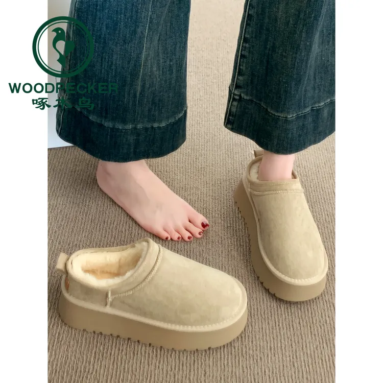 啄木鸟厚底低帮雪地靴一脚蹬棉鞋女2025新款冬季加绒包头棉拖鞋女