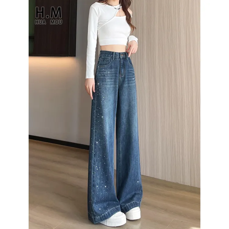 复古春秋显瘦阔腿裤高腰宽松牛仔裤女 卓艺天资四季通用黑色磨毛