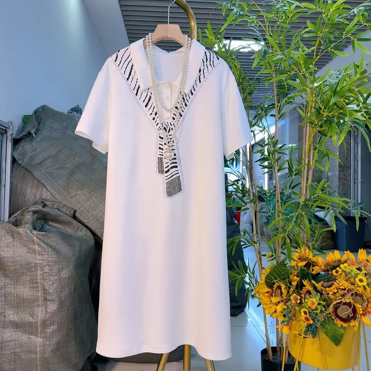 欧货时尚亮钻围巾领大码长款T恤遮肉显瘦胖妹妹设计潮女夏季28205