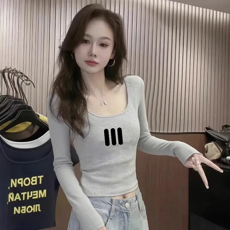 纯欲早秋减龄秋冬灰色正肩u领长袖T恤女修身短款内搭打底U领上衣