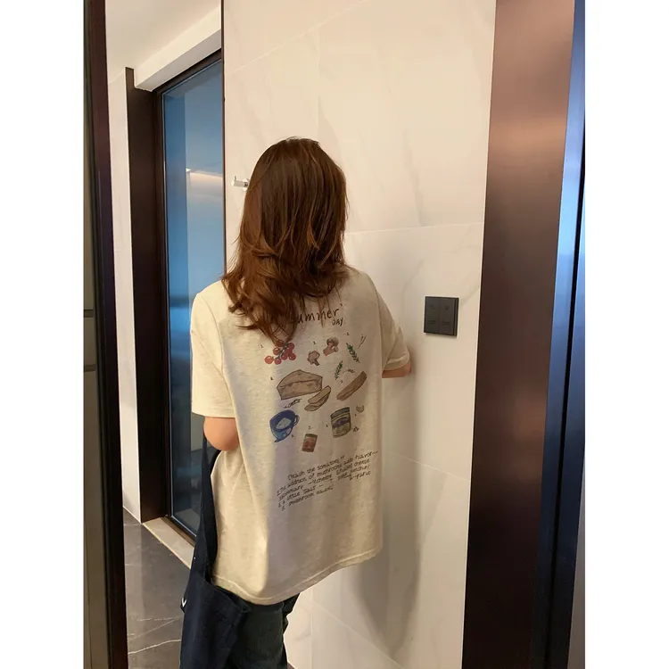 现货大婉酱微胖定制欧若风简约韩系圆领纯棉印花T恤休闲上衣7640D