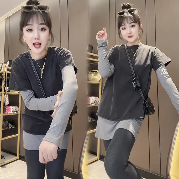 欧货做旧打底衫T恤两件套女2025早春新款韩版洋气显瘦中长款上衣