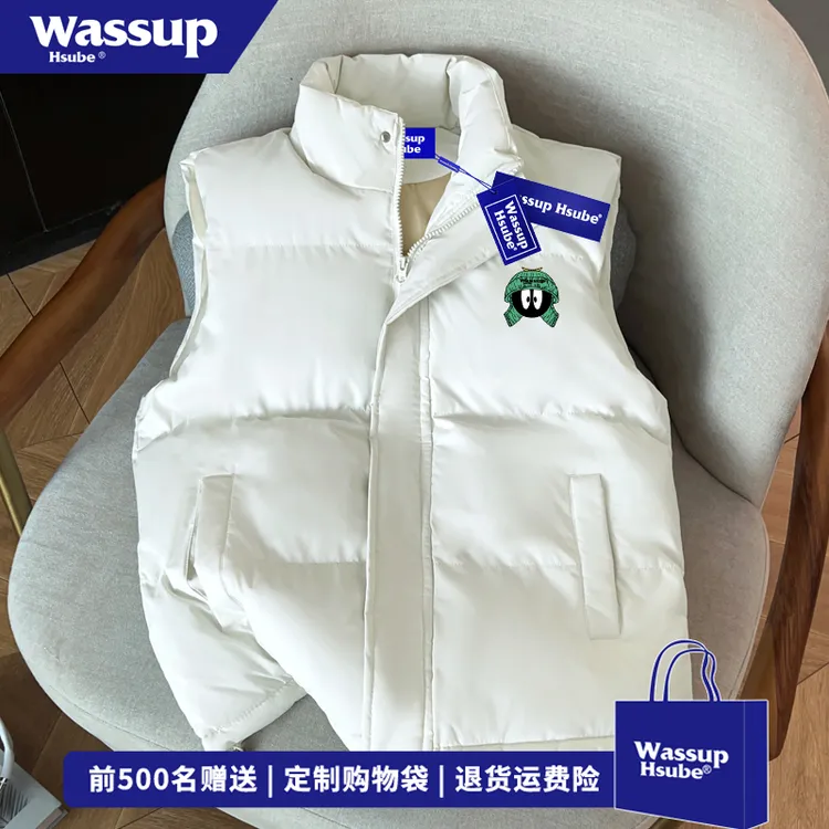 WASSUP HSUBE秋冬季卡通印花立领宽松马甲男女慵懒风坎肩休闲外套