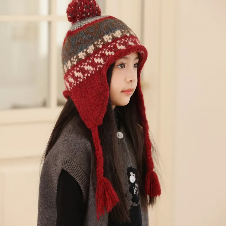 女童帽子秋冬季韩版辫子护耳帽户外防风针织帽时尚保暖毛线帽儿童