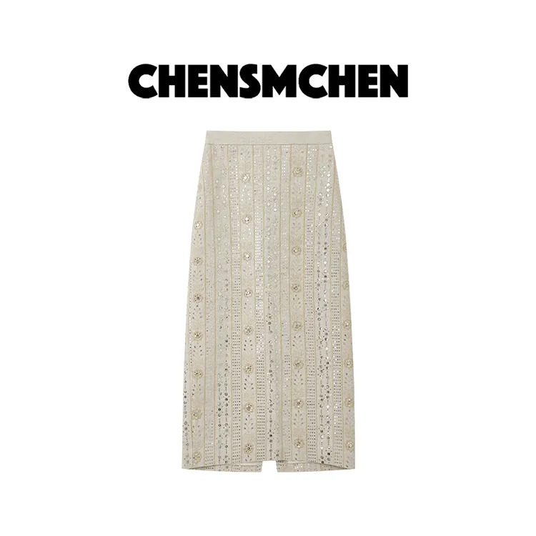 CHENSMCHEN 100亚麻时尚珠片半身裙女休闲百搭显瘦裙子CSQ6676YW