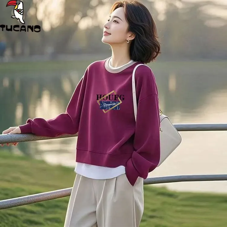 啄木鸟假两件时尚拼接卫衣女长袖秋季圆领宽松别致小众上衣女秋冬