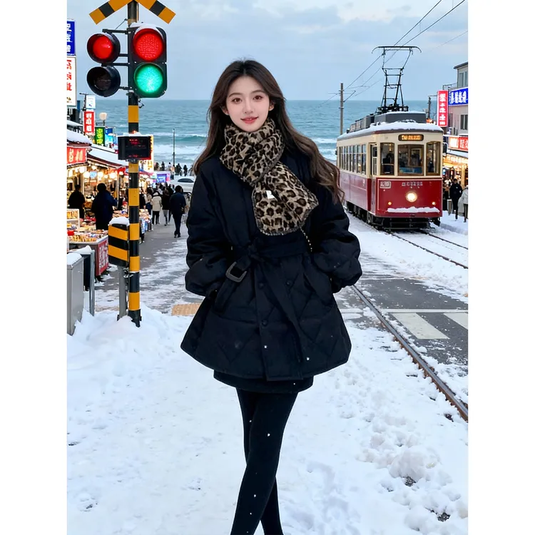 黑色小香风圆领菱格棉服外套女2025秋冬新高级感收腰气质夹棉上衣