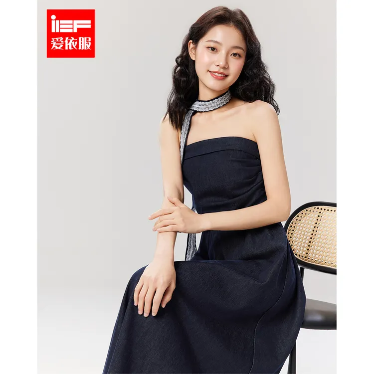 IEF/爱依服连衣裙2025夏季新款美式性感小女人气质牛仔裹胸长裙