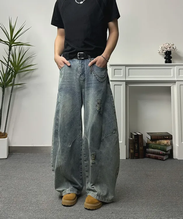 美式阔腿弯刀裤复古做旧显瘦拖地裤破洞宽松休闲百搭牛仔裤男女