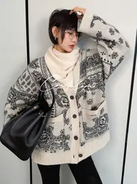 韩彬彬"腰果外套"重磅羊绒+绵羊毛+兔毛腰果花针织开衫外套3078-6