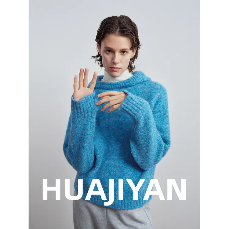 华吉言/HUAJIYAN【气泡水】羊毛混纺指套袖口连帽套头毛衣
