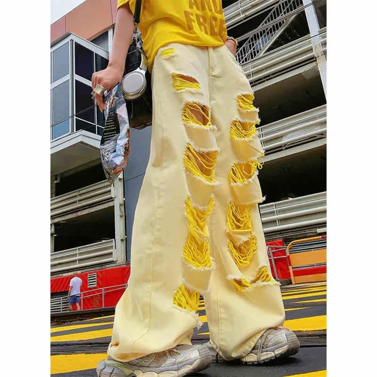 黄色破洞牛仔裤女2025春夏新款设计感不规则小众辣妹宽松阔腿长裤