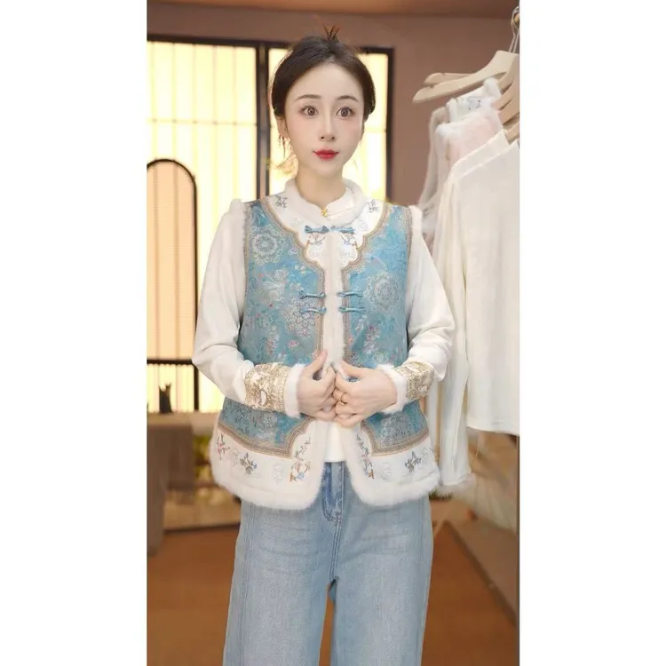 冬季新中式国风加棉加厚保暖马甲女时尚气质复古百搭上衣女马夹潮