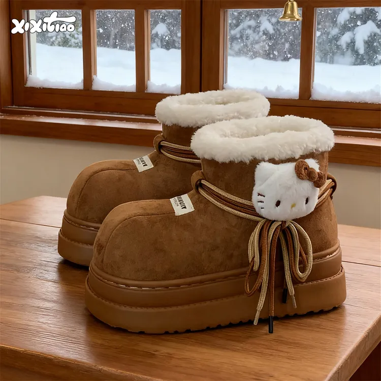 细细条 百搭网红HelloKitty雪地靴女冬时尚绑带防滑厚底东北棉靴