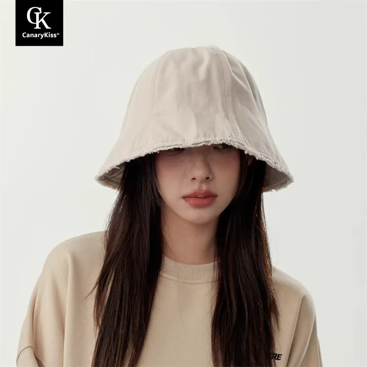 Canary Kiss纯色大檐渔夫帽子女氛围感遮阳防晒素颜自闭水桶盆帽