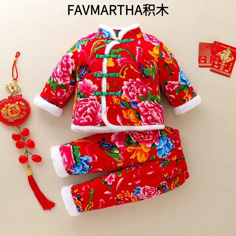儿童东北大花棉袄冬季男女宝宝加绒加棉套装中国风加厚拜年服冬装