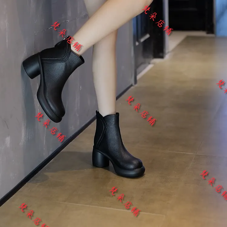 【退换货补运费】秋冬新款短靴女款后拉链法式粗跟防水台
