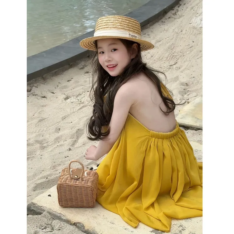 2025夏季新款 韩版童装 女童仙气飘飘挂脖裙露背裙海边沙滩连衣裙