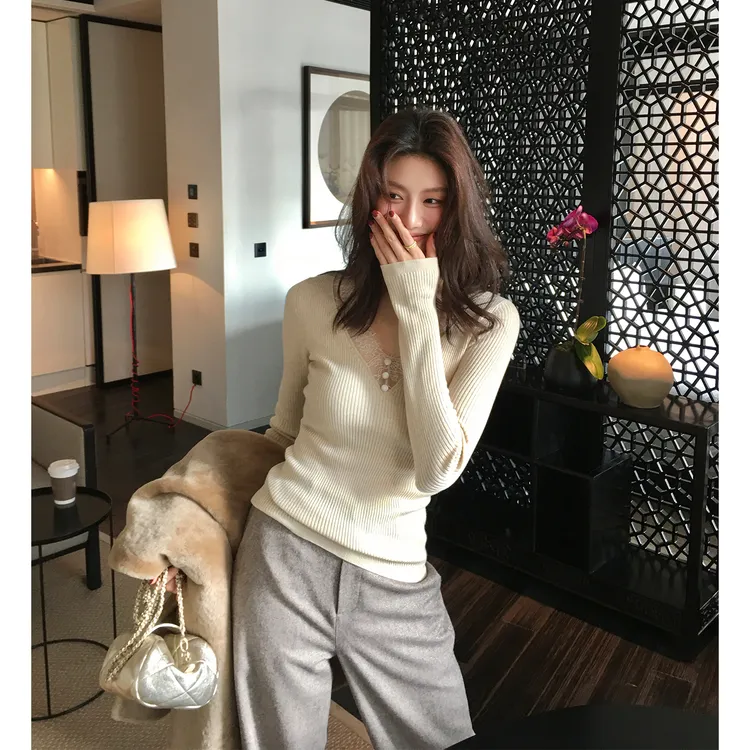 【ALONESAVOR】龍喜儿绝美打底蕾丝花边超细羊毛小衫Q775