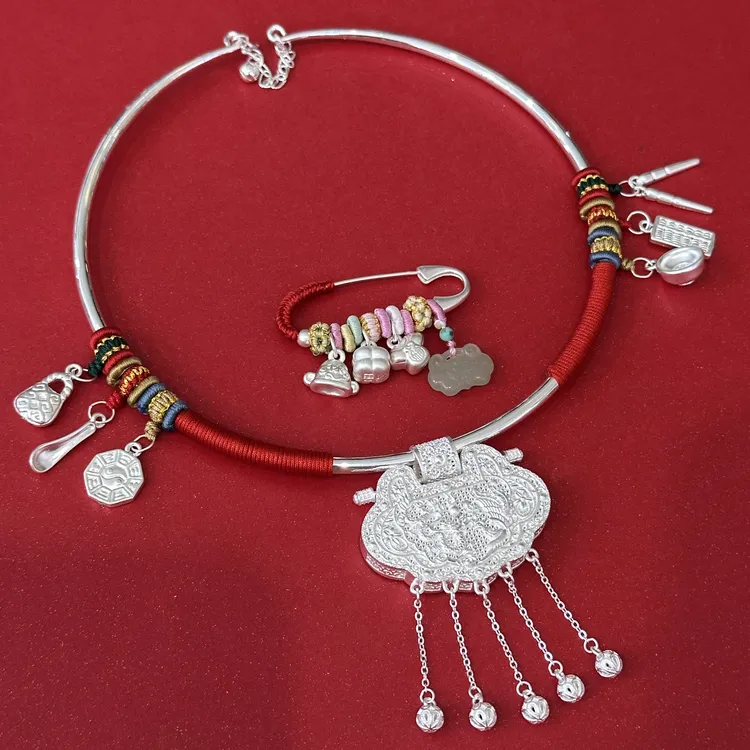 足银银制品 999银宝宝项圈编绳天子门生锁新生儿满月百天抓周岁礼