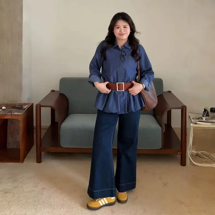 大头婷微胖定制韩系减龄花苞仿牛仔衬衫女秋大码显瘦长袖二件套