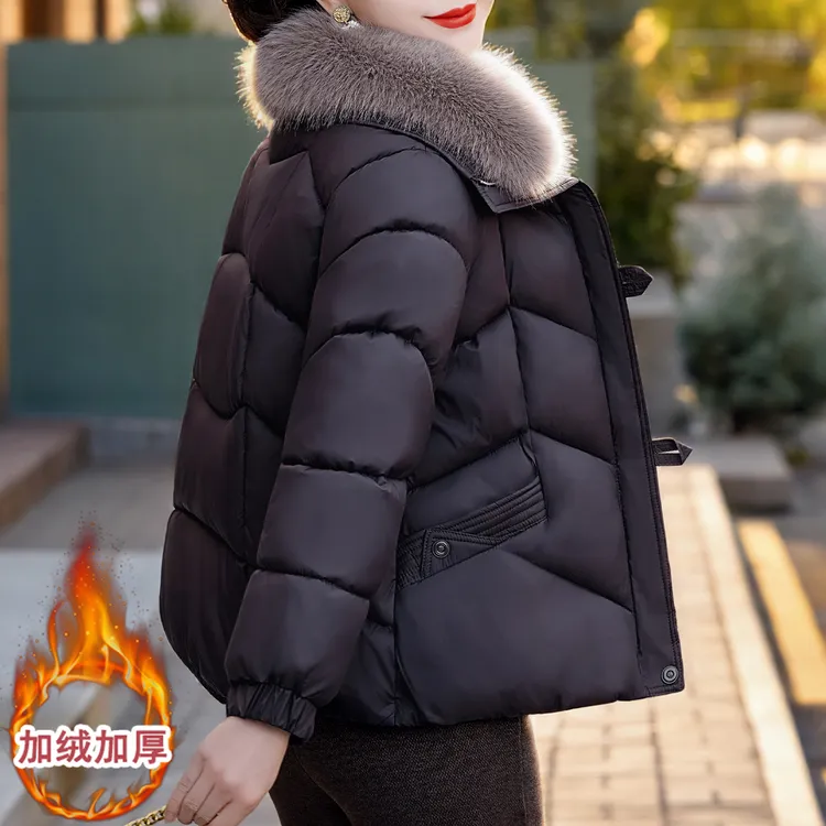 妈妈时尚大毛领加绒加厚短款棉衣外套女2025冬季新款棉服保暖棉袄