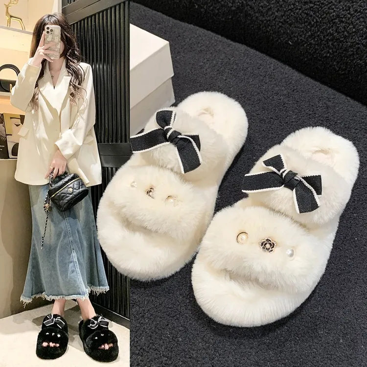 毛毛拖小香风居家加厚底棉拖露趾时尚可外穿保暖情侣底拖鞋现货