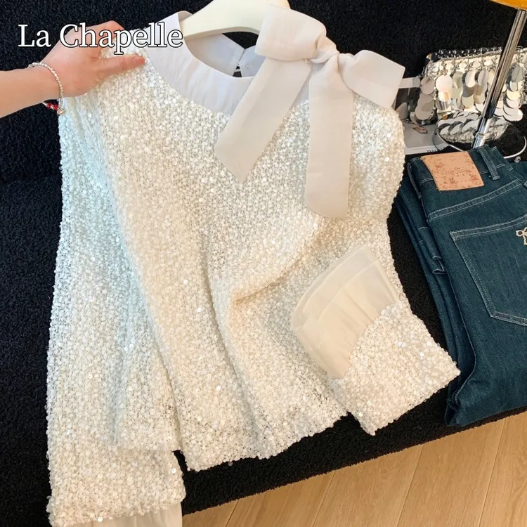 拉夏贝尔秋冬新款名媛重工亮片蝴蝶结衬衫女别致喇叭长袖打底上衣